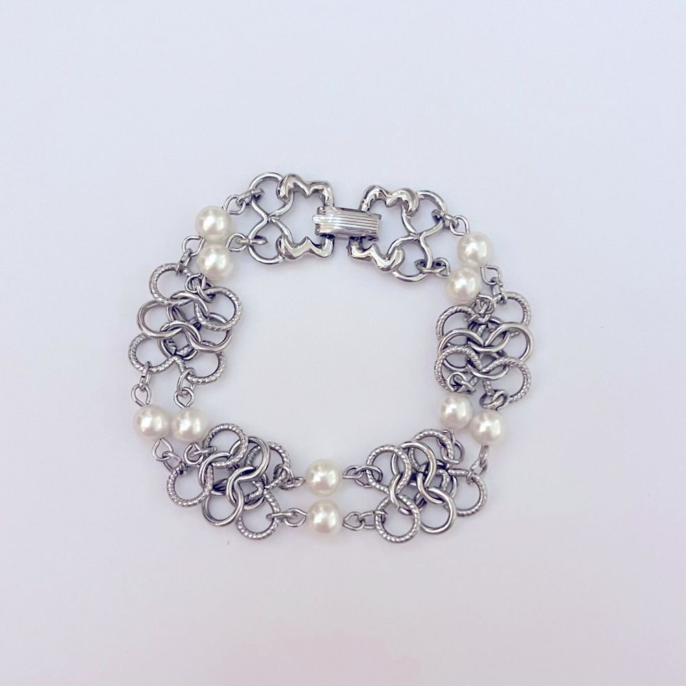 Vintage Goldette Silver Chain Link Pearl Bracelet